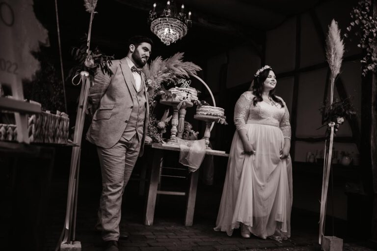 das Hochzeitspaar steht bei der Hochzeitsfeier bei der Torte und möchte den Gästen die Ansprache halten, aufgenommen in Sepia